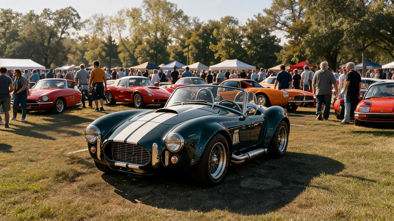 Illustrative scene of classic cars gathered outdoors