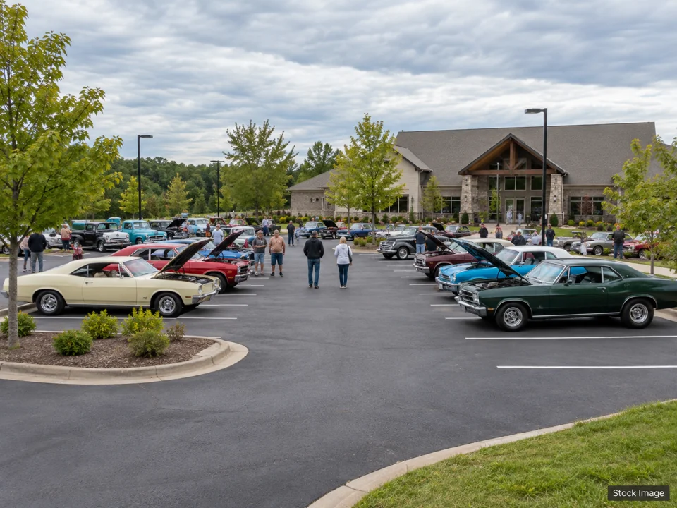 Classic cars weekend shows — a wide classic-car gathering in a parking lot scene